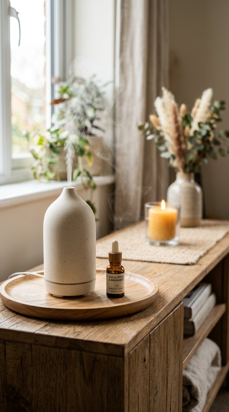 A ceramic essential oil diffuser emitting a gentle mist, placed on a light wood tray next to a small, aesthetically pleasing bottle of essential oil. A warm, unscented candle flickers softly in the background.