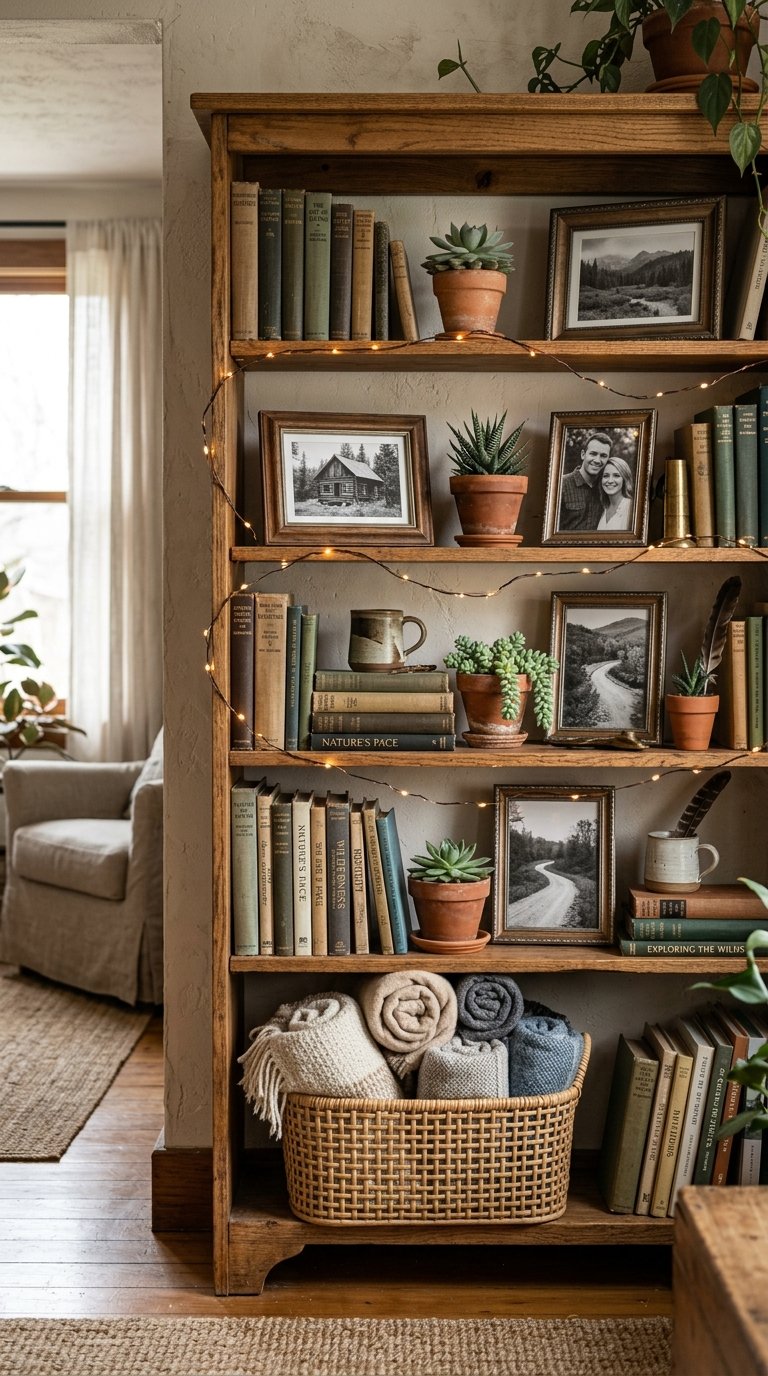 A rustic wooden bookshelf filled with an eclectic mix of items: stacks of books with muted covers, small potted succulents, framed black and white photographs, and a woven basket holding rolled-up throw blankets. A string of soft fairy lights weaves through the shelves.