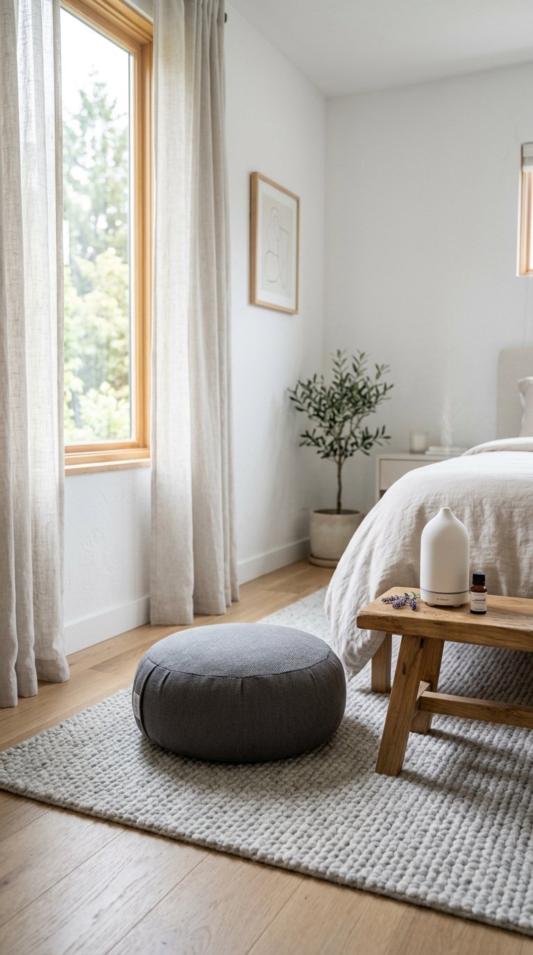 A serene corner of a modern minimalist bedroom featuring a simple meditation cushion on a light grey textured rug. A small, unlit aromatherapy diffuser sits on a low wooden stool beside it, with soft daylight filtering in.