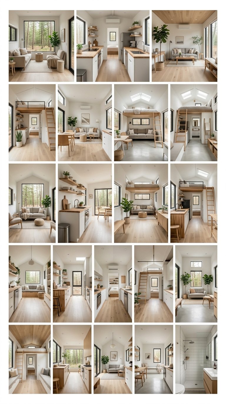 Unified continuous light-toned flooring visually stretching every modern tiny home interior.