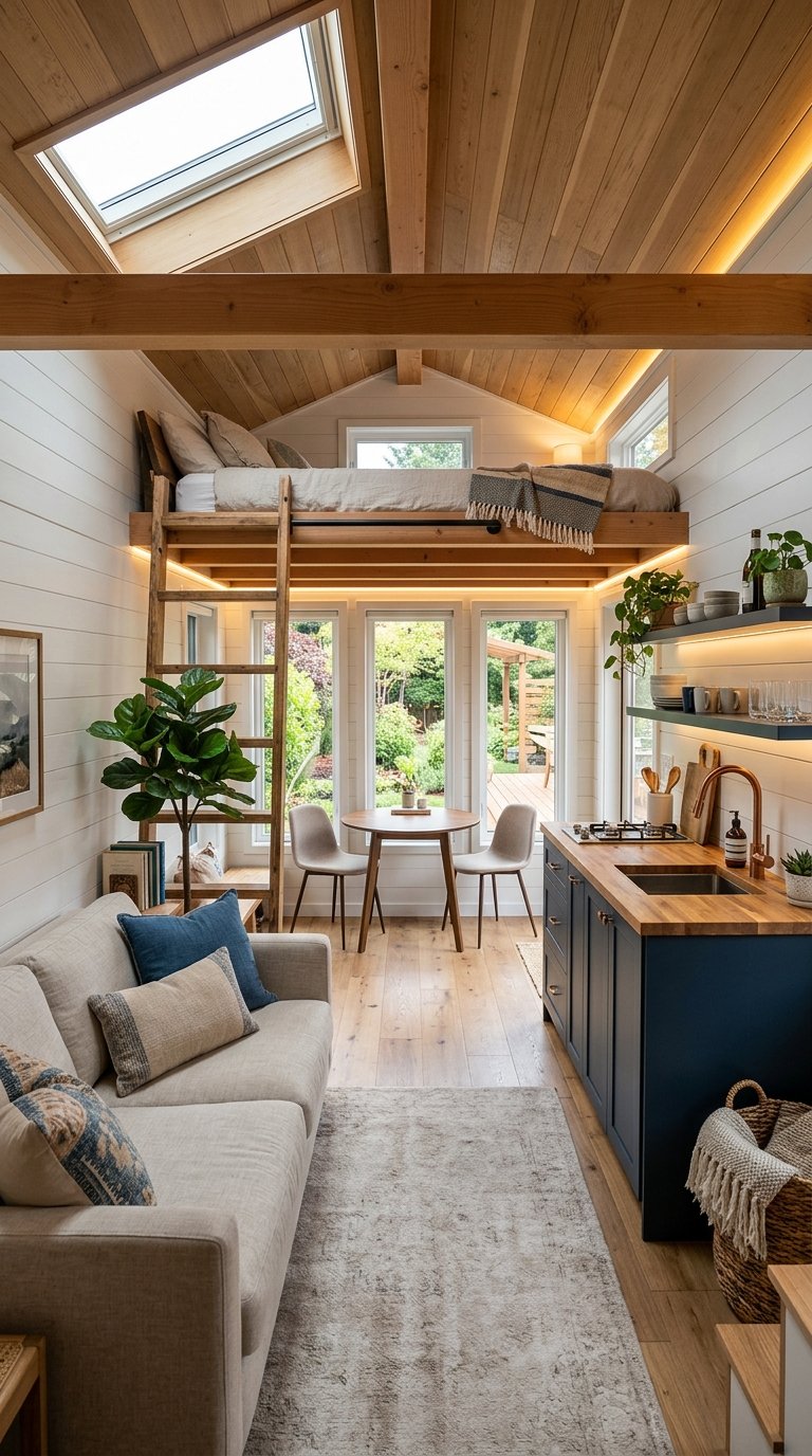 Bright modern tiny home interior illuminated by subtle recessed lighting and overhead skylights.