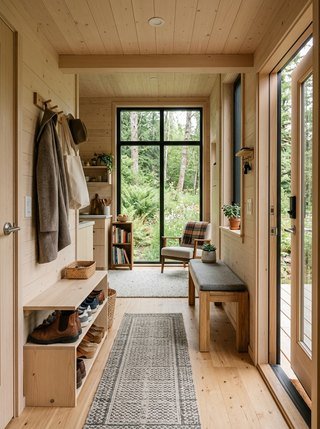 Entryway of a Scandinavian tiny house showcasing a light wood shoe rack and a large side window