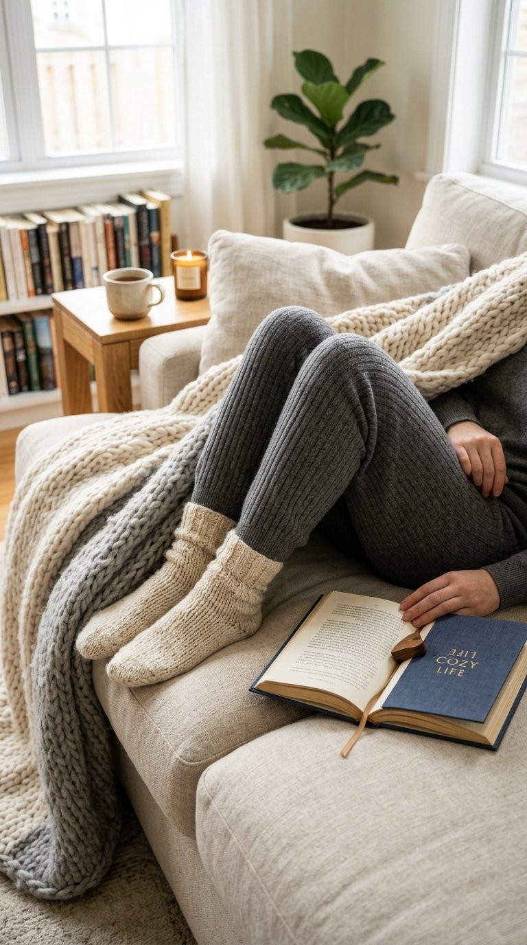 A person's legs, clad in soft, ribbed knit loungewear pants and chunky wool socks, curled up on a plush sofa. A soft, oversized throw blanket partially covers them, and a book rests open beside them. No face is visible.