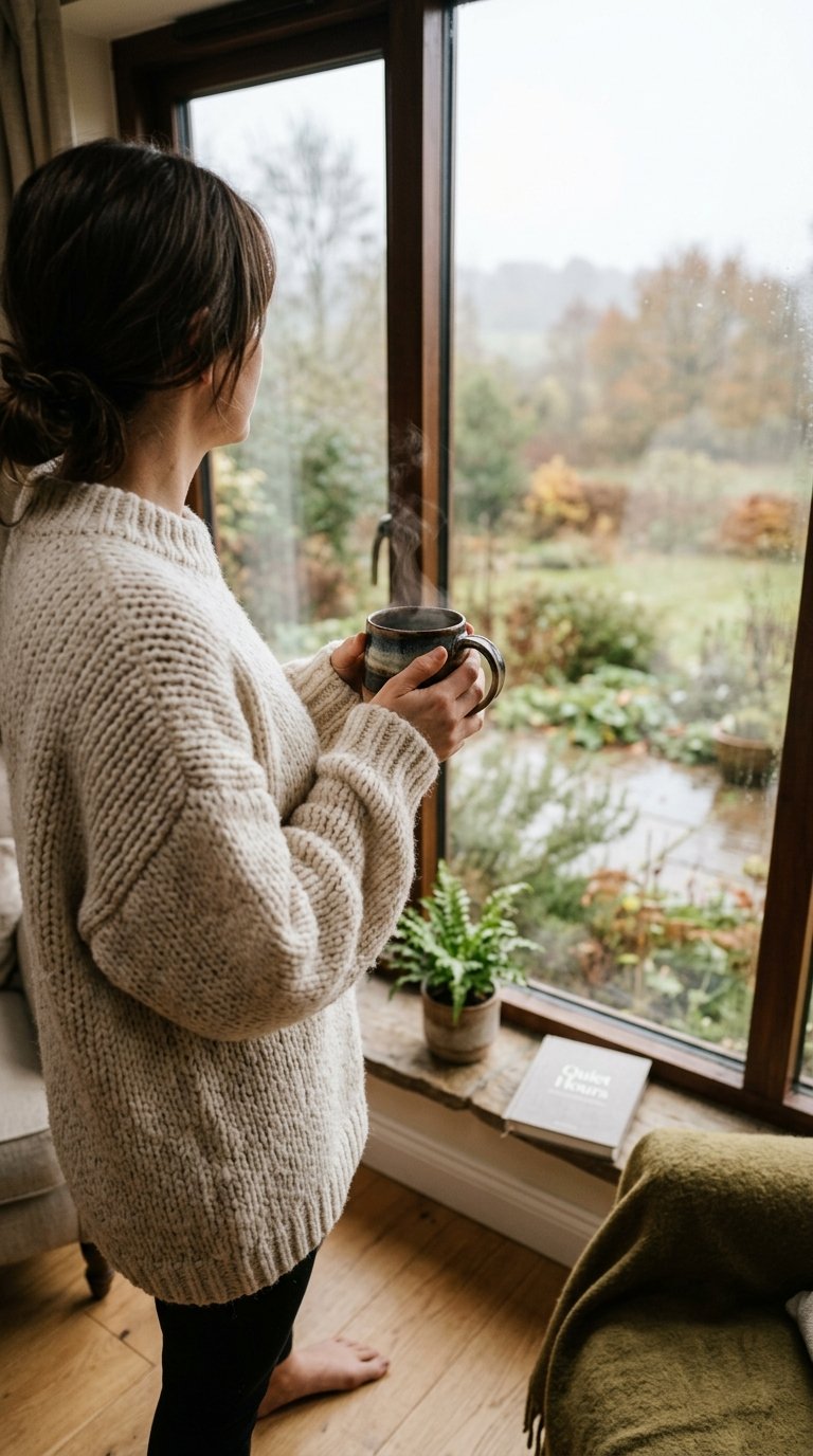 A person (torso and arms visible, no face) wearing a cream-colored chunky knit oversized sweater, holding a steaming ceramic mug with both hands, looking out a large window on a soft, overcast day. The light is diffused and gentle.