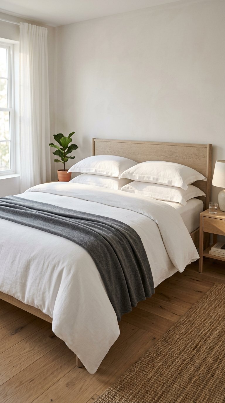 An inviting close-up shot of a perfectly made bed in a modern minimalist bedroom, with soft white linen bedding and a single folded grey throw at the foot. The pillows are plump and inviting, bathed in warm, soft light.