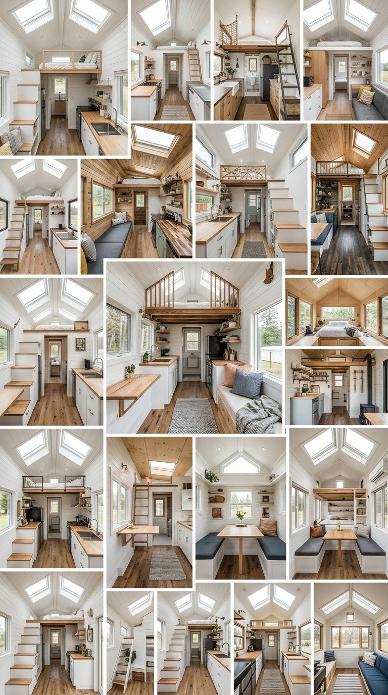 Bright skylight illumination bathing a modern tiny home interior in natural light from above.