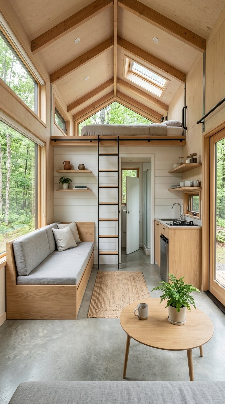 Uncluttered modern tiny home interior showcasing slim-profile, essential furniture pieces for spaciousness.