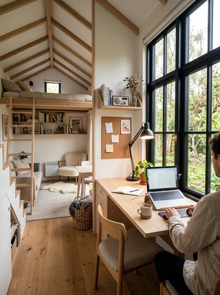 Work-from-home corner in a Scandinavian tiny house, brightened by an integrated desk lamp and wall of windows