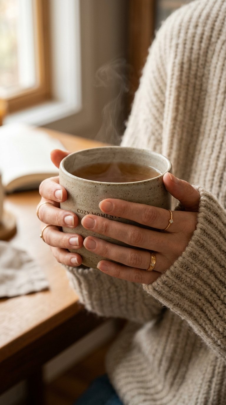 A close-up of hands holding a large, matte ceramic mug filled with steaming tea. The hands are resting on a chunky knit sweater sleeve, and a few delicate rings are visible on the fingers. Soft, warm light illuminates the scene.