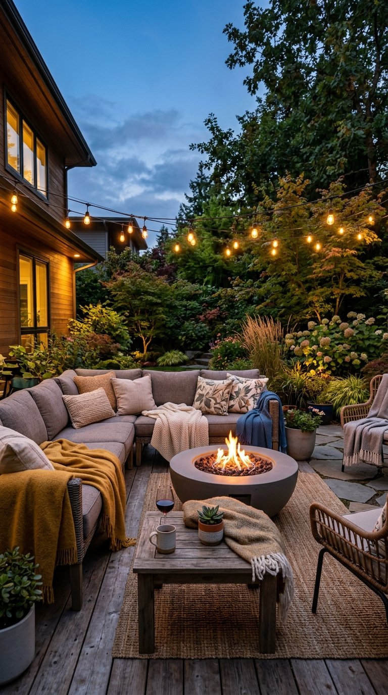 A beautifully arranged outdoor patio area at dusk. A plush outdoor sofa is covered with soft, weather-resistant blankets and pillows. String lights are draped overhead, casting a warm glow. A small, modern fire pit flickers gently in the center.