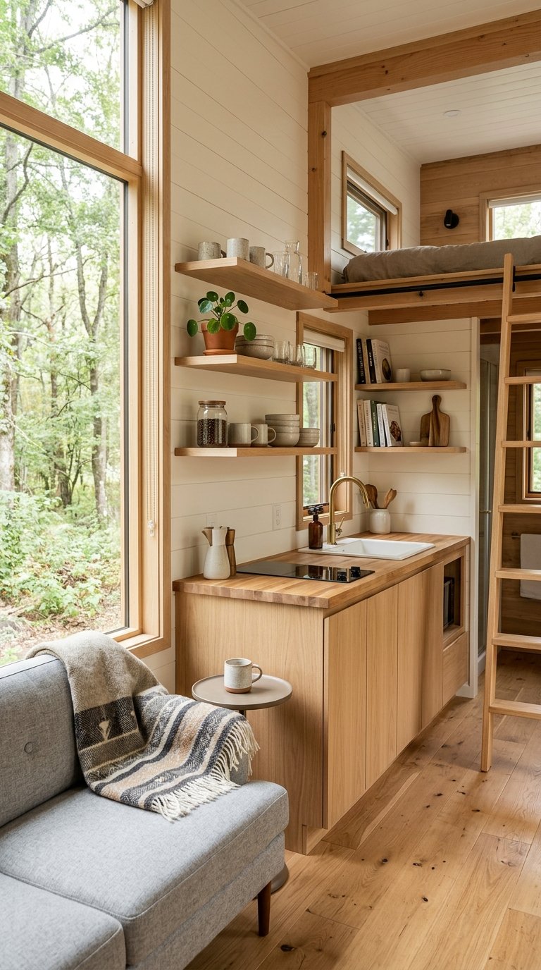 Floating shelves and cabinetry creating an open, airy feel in a sleek modern tiny home interior.