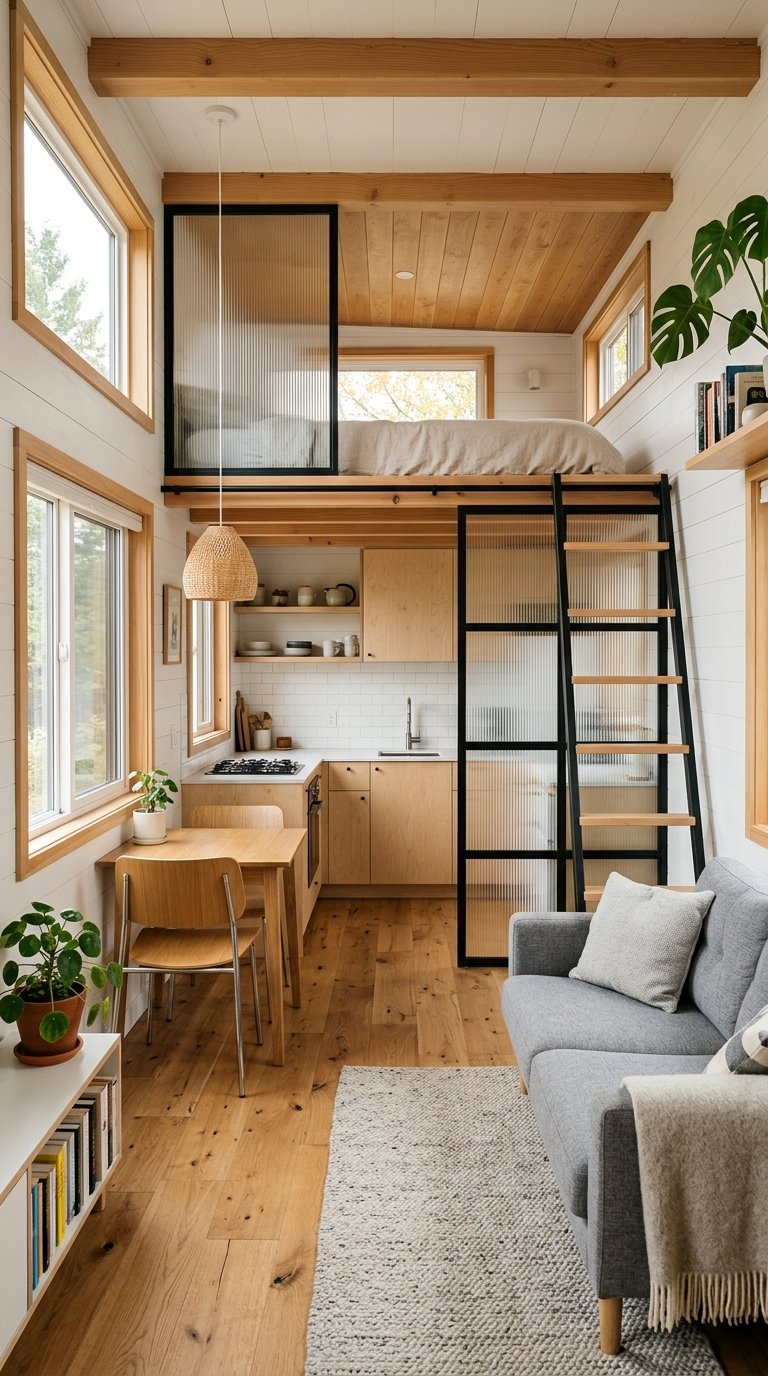 Open modern tiny home interior using frosted glass or sheer dividers to maintain light flow.