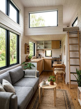 Scandinavian tiny house interior featuring whitewashed shiplap walls and abundant natural light from multiple angles