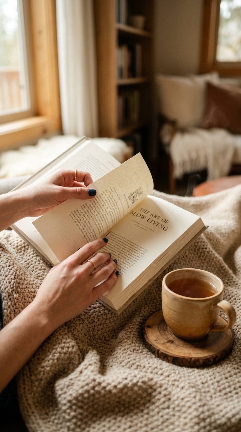 A person's hands gently turning the page of an open hardcover book, resting on a soft, textured blanket. A warm cup of tea sits on a small, round wooden coaster next to the book. The background is softly blurred with warm, inviting light.
