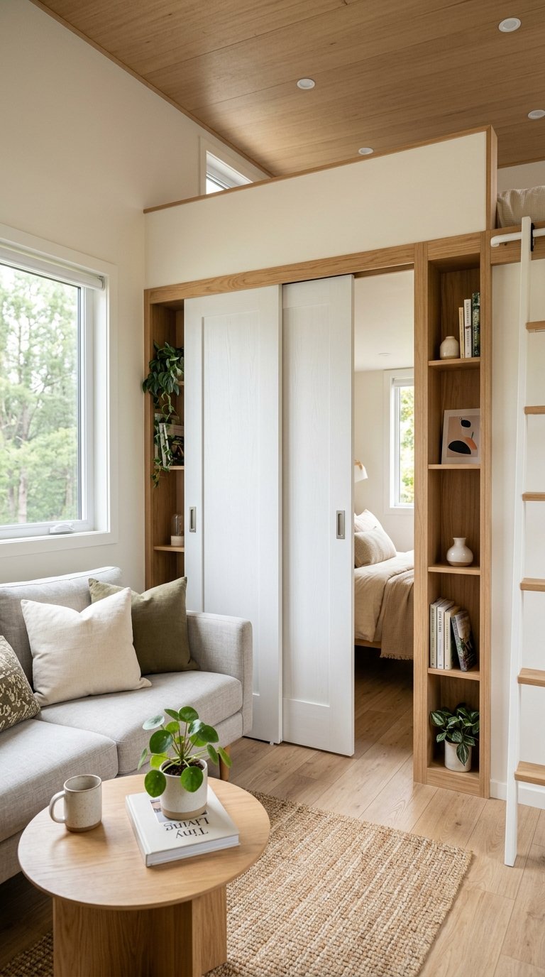 Space-saving modern tiny home interior design integrating sleek pocket doors for fluid movement.