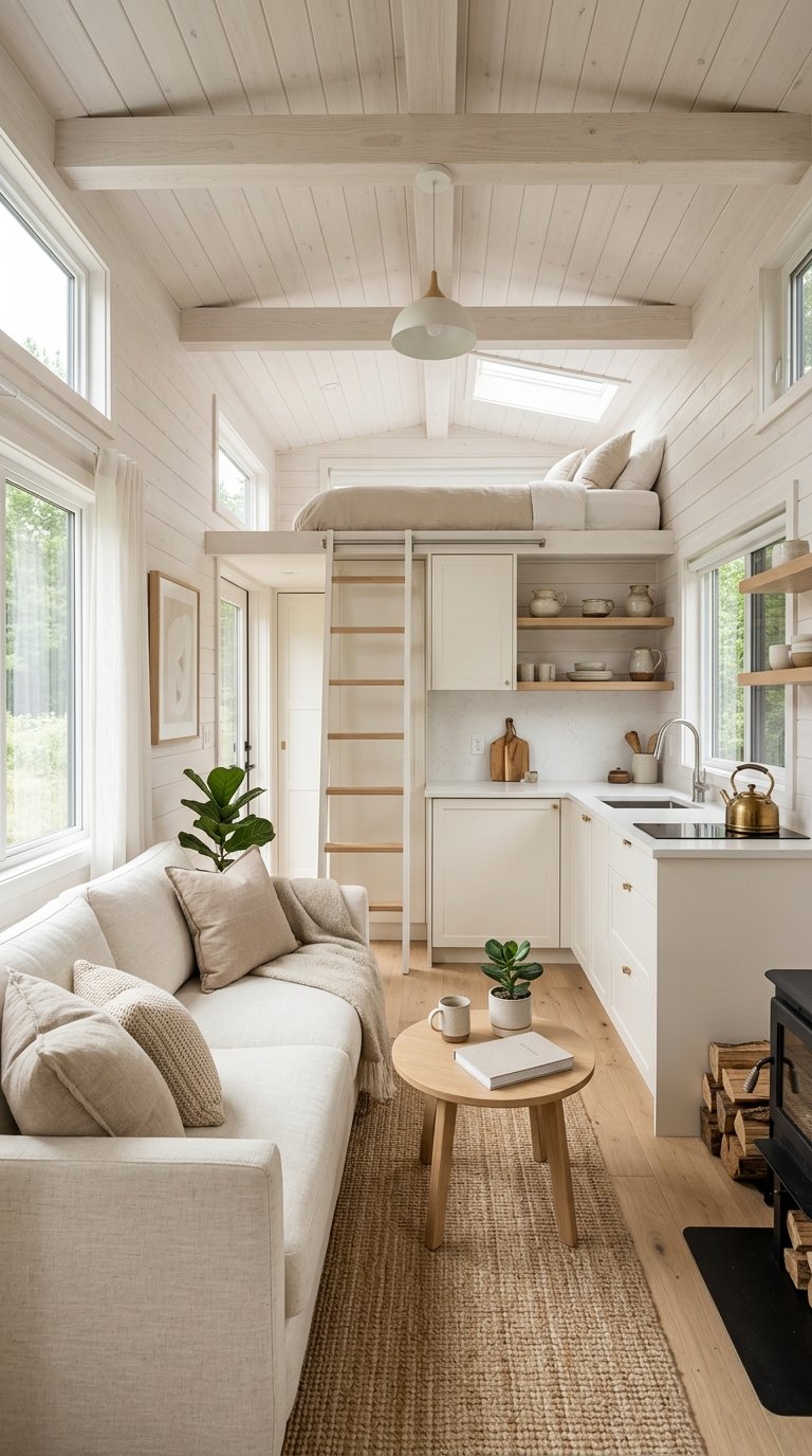 A serene neutral monochromatic palette visually widening this inviting modern tiny home interior.