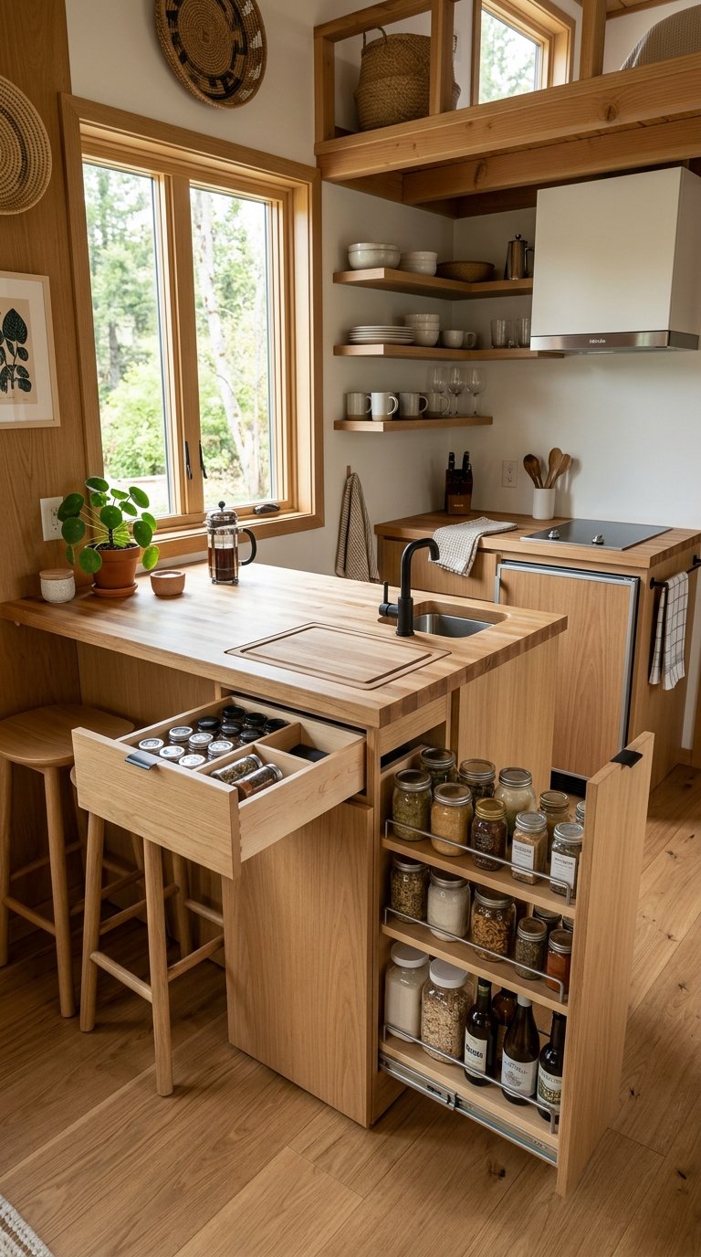 Functional modern tiny home interior kitchen featuring an island with ingenious hidden storage solutions.