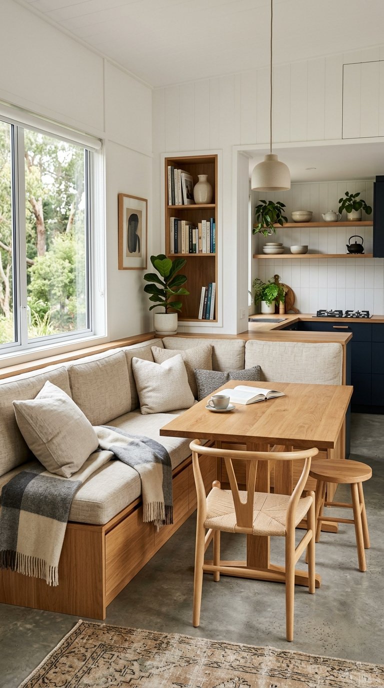 Clever built-in banquette seating optimizing space and comfort in a cozy modern tiny home interior.