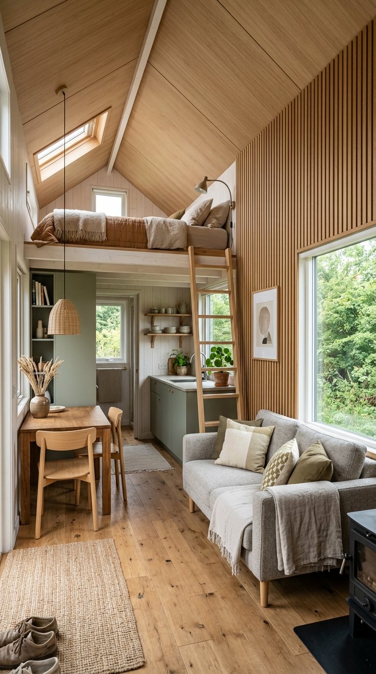 A modern tiny home interior with vertical slatted wood panels drawing the eye upward for height.