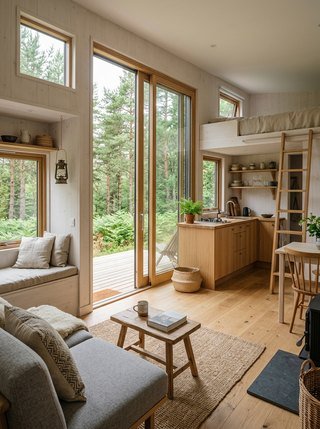 Scandinavian tiny house with a seamless indoor-outdoor feel thanks to a wide sliding glass door