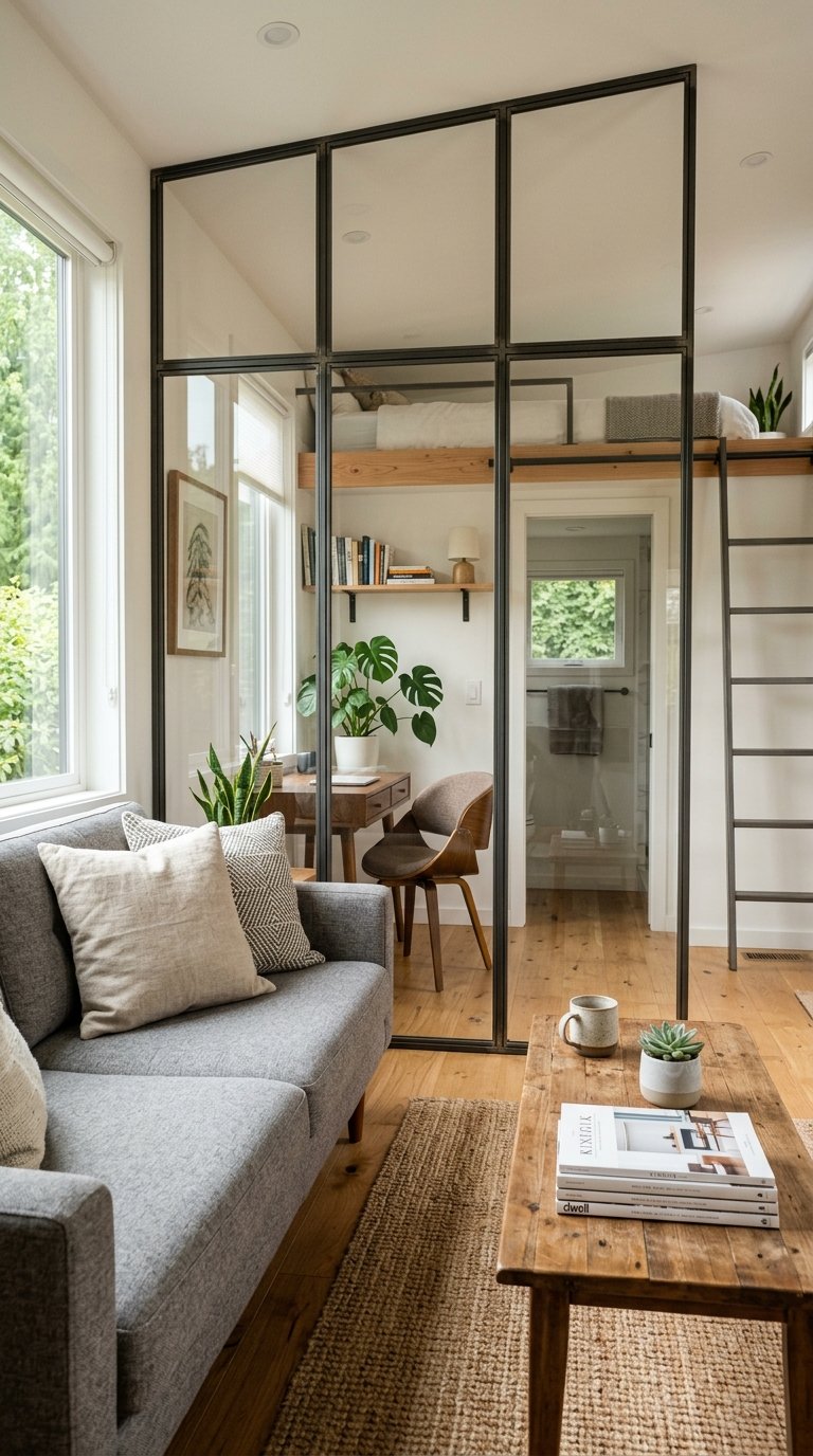 Stylish transparent room dividers defining zones without sacrificing openness in a modern tiny home interior.
