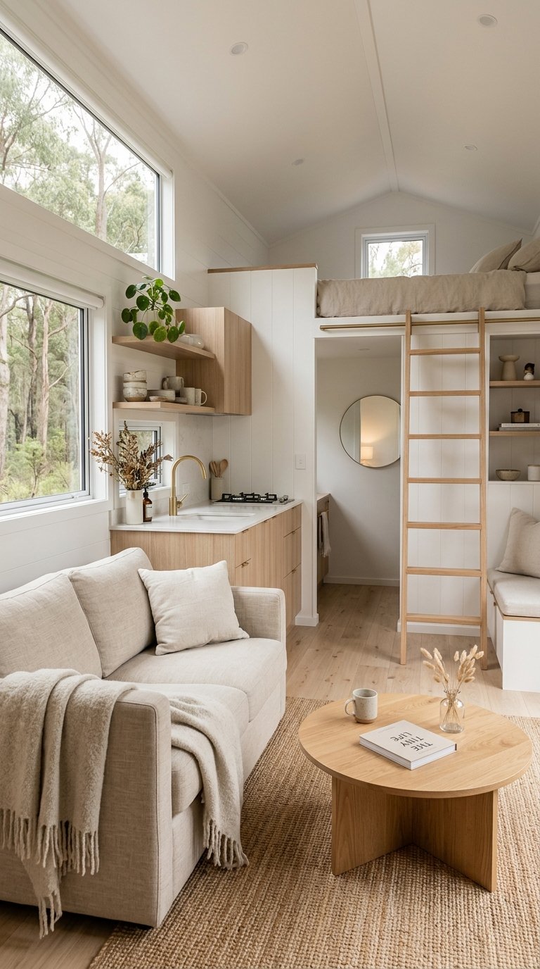 Serene modern tiny home interior enveloped in a cohesive light neutral color palette for an expansive feel.