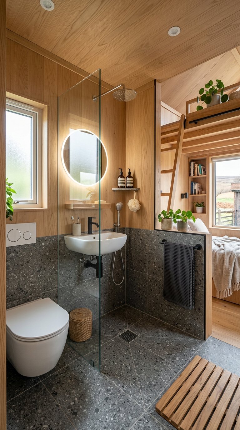 An efficient wet room bathroom design integrating functionality within a compact modern tiny home interior.