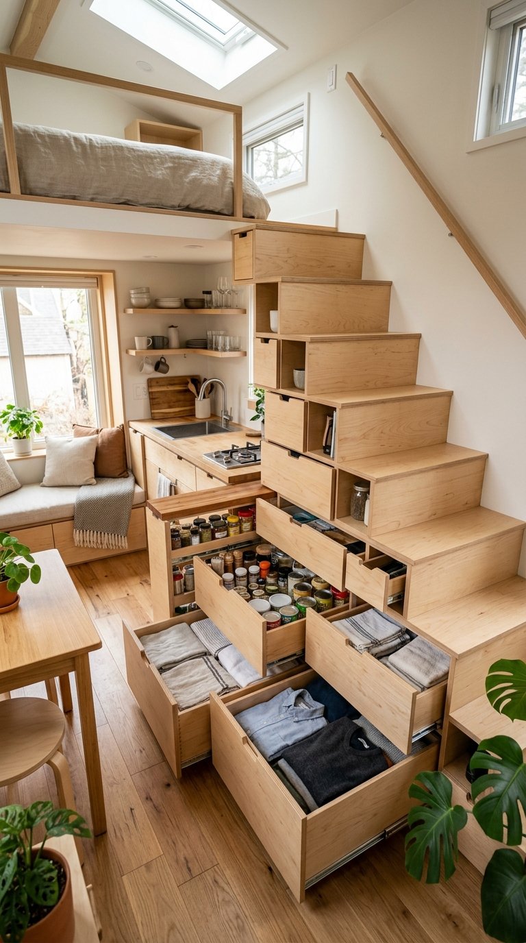 Efficient modern tiny home interior utilizing clever under-stair pull-out storage maximizing every inch.