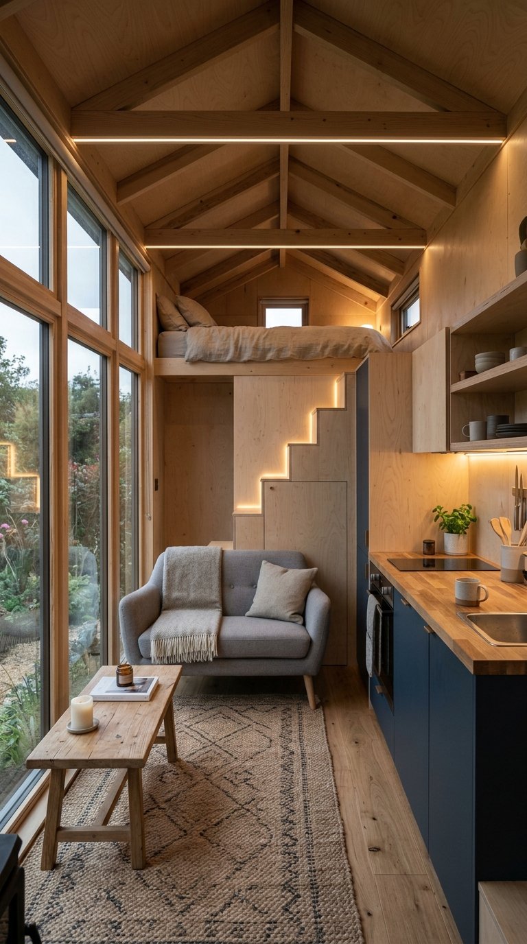 Subtle integrated LED strip lighting enhancing depth and atmosphere in a minimalist modern tiny home interior.