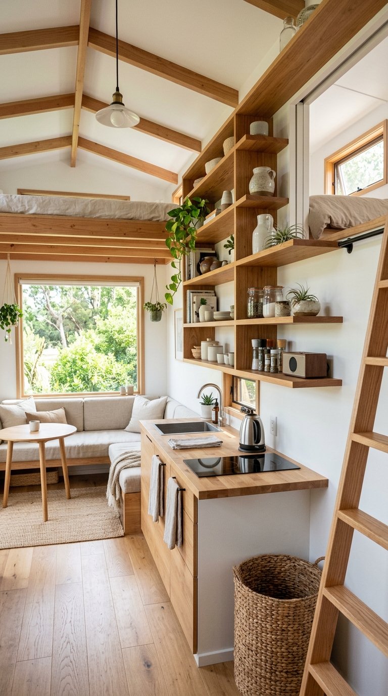 Contemporary modern tiny home interior using open shelving to maintain visual lightness and airiness.
