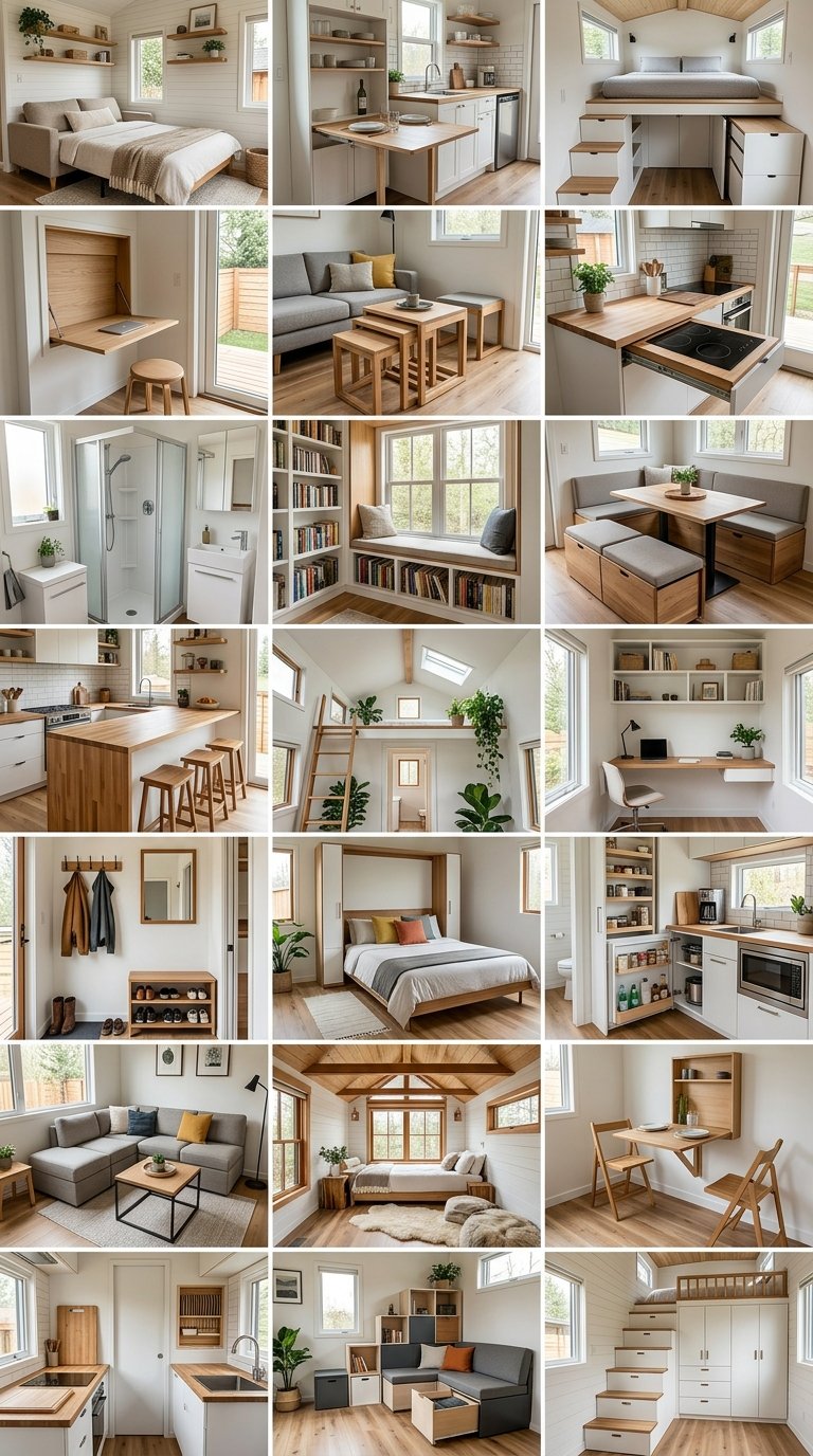 Smart multi-functional furniture effortlessly adapting spaces in a dynamic modern tiny home interior.
