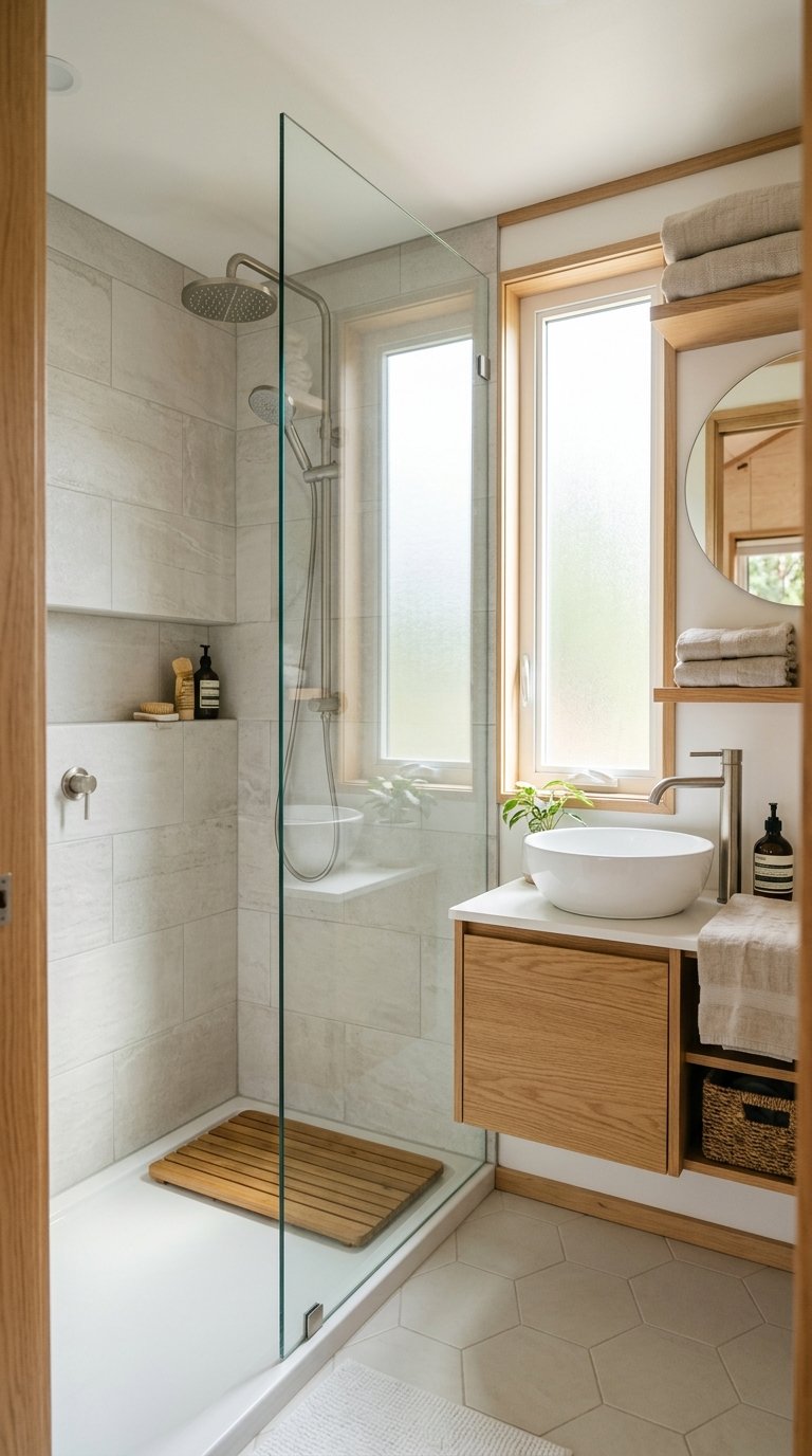 A sleek modern tiny home interior bathroom featuring a frameless glass shower enclosure for openness.