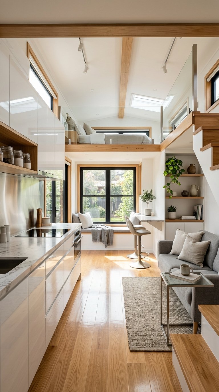 Polished light-reflecting finishes on surfaces enhancing brightness throughout this modern tiny home interior.