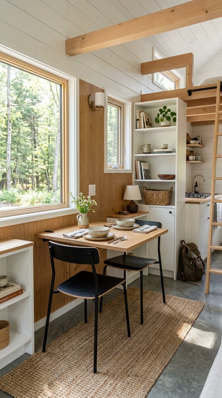 Practical modern tiny home interior integrating a wall-mounted fold-down table for flexible dining.