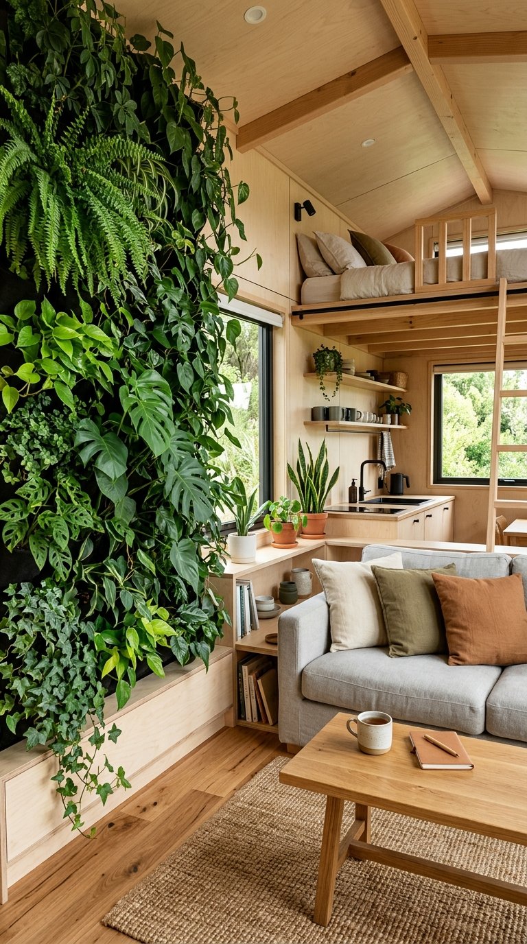 A living vertical garden wall adding depth and biophilic design to a compact modern tiny home interior.