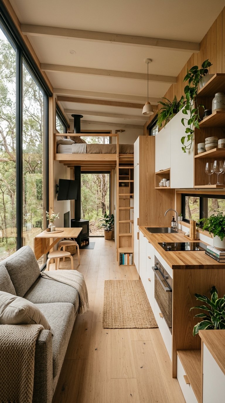 Expansive modern tiny home interior creating a seamless, multifunctional kitchen and living zone.