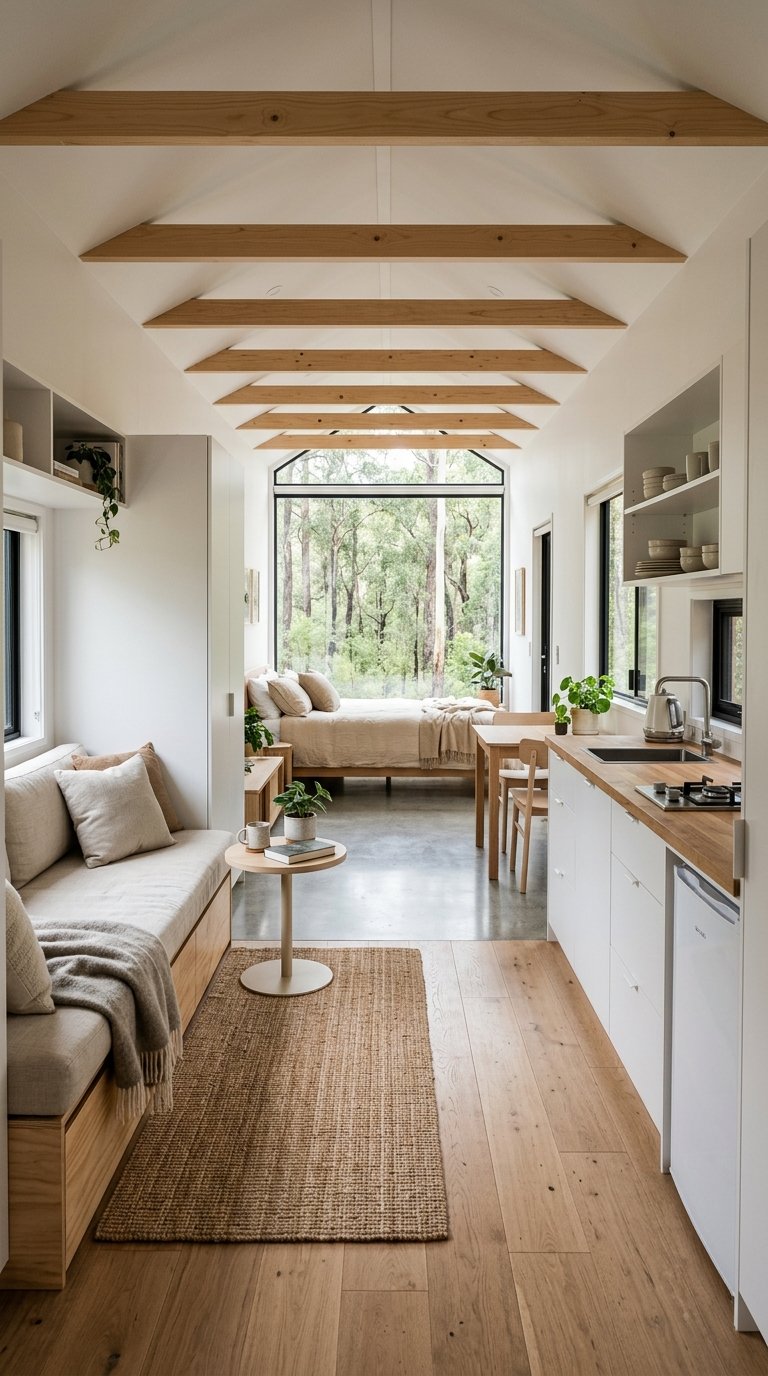 Carefully planned unobstructed sightlines creating a sense of expansive flow in this modern tiny home interior.